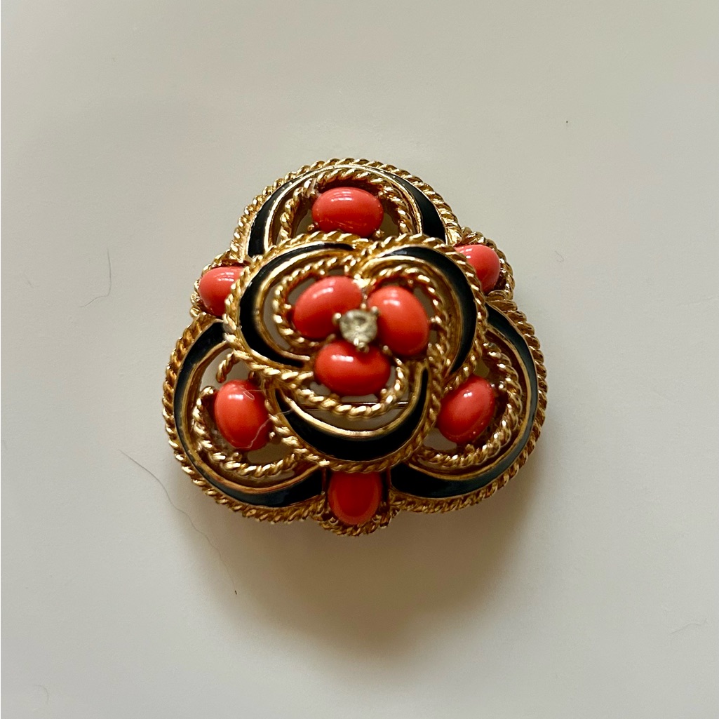 Vintage Ciner Black Enamel/Coral Bead/Gold Plated Brooch